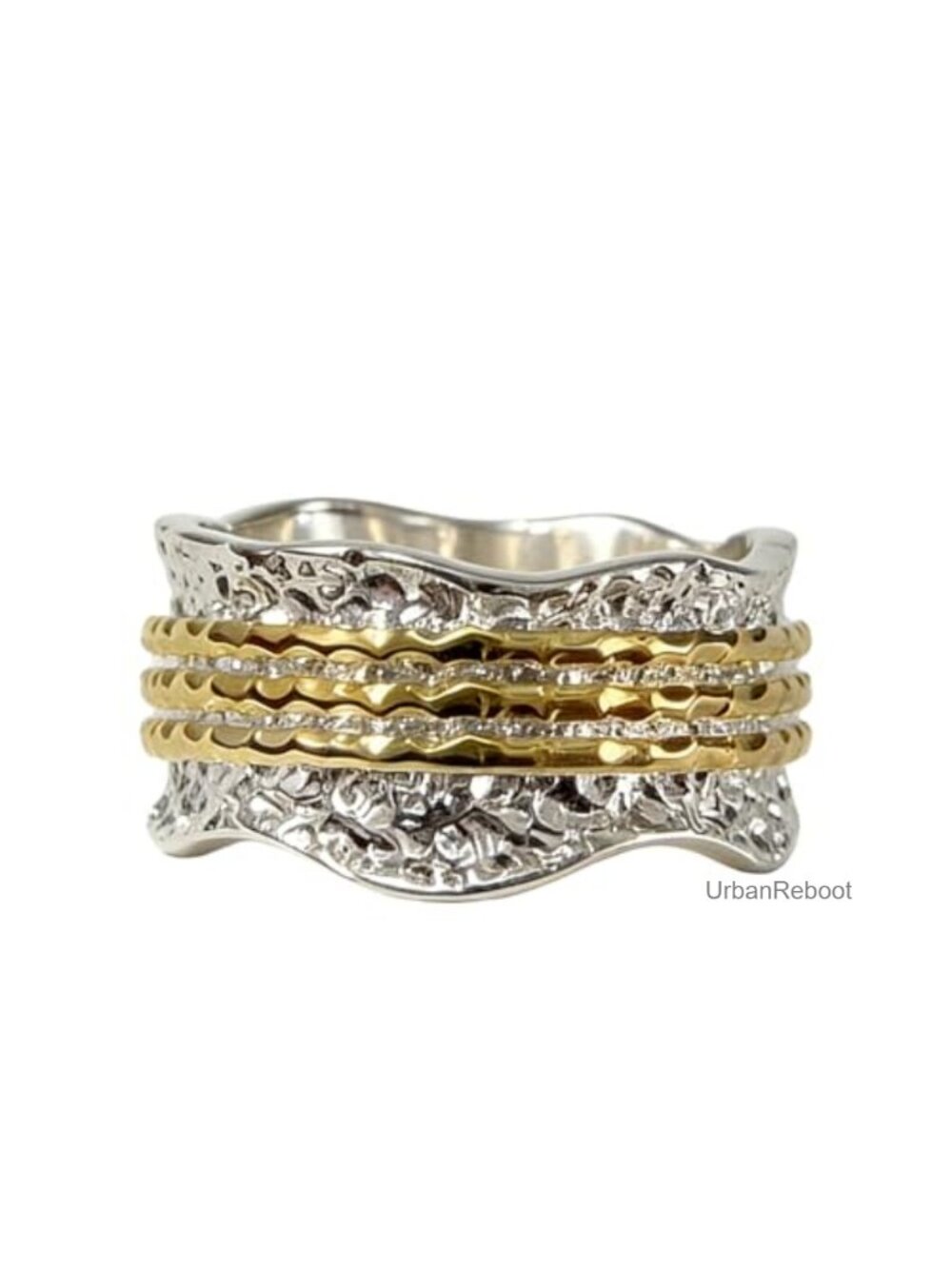 Unisex Hammered Statement Ring, Gold Wire Inlay Bands, Anti-Tarnish Brass